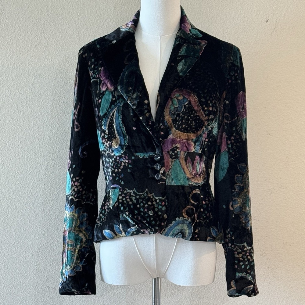Black Velvet Paisley Blazer 6P Jewel Tone Romantic Goth Y2K Statement Jacket
